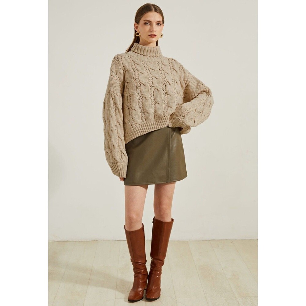 Chicwish Women's Roll Neck Fisherman Sweater XL Cable Knit Old Money Cottagecore